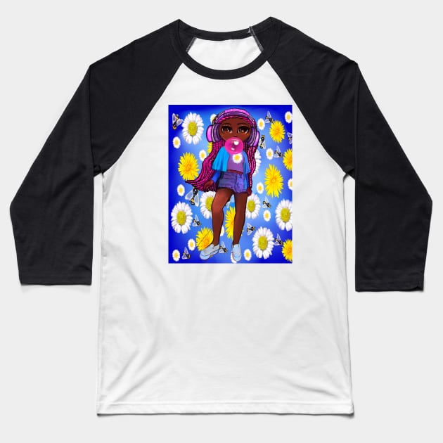 Beautiful Brown skin African American girl with Afro hair in 2 puffs blowing bubblegum and wearing headphones listening to music. Black girls rock, black girl magic,melanin poppin queen anime girl drawn in manga style Baseball T-Shirt by Artonmytee